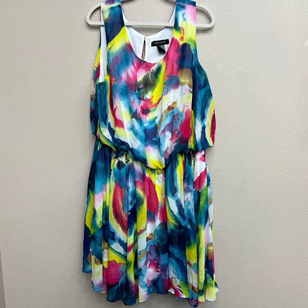 Ashley Stewart Womens 24W Multicolor Watercolor Chiffon Blouson Plus Size Dress